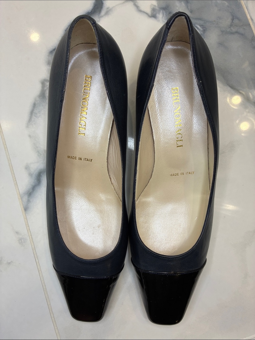 Bruno Magli Navy Leather Pumps with Black Patent Square Toe Cap